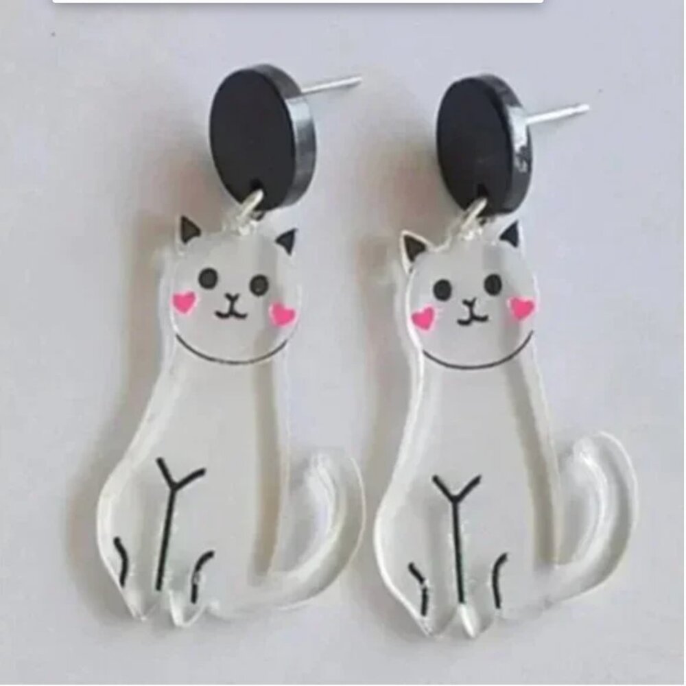 ⭐️❤️ FREE Cat Kitten Clear Blushing Cute Graphic Animal Drop Girly Chic Earrings